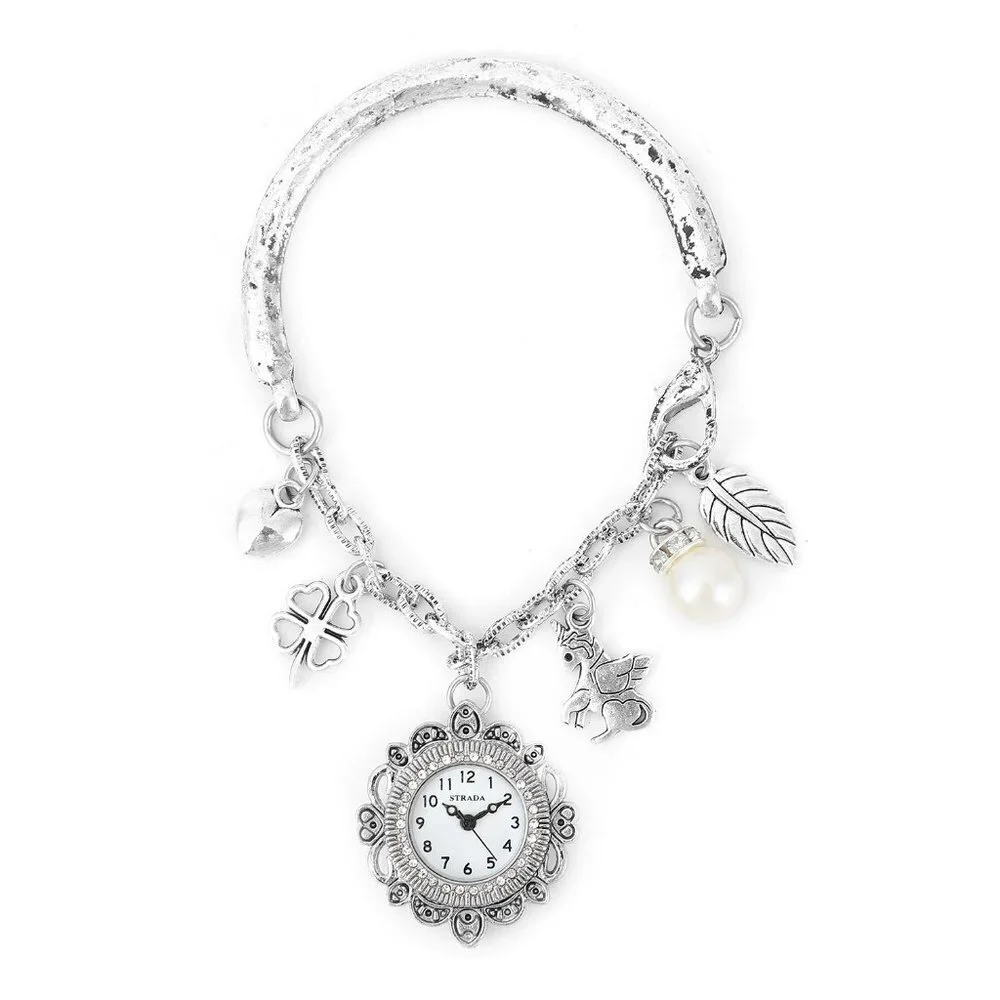 STRADA White Austrian Crystal Nature Theme Charm Bracelet Watch